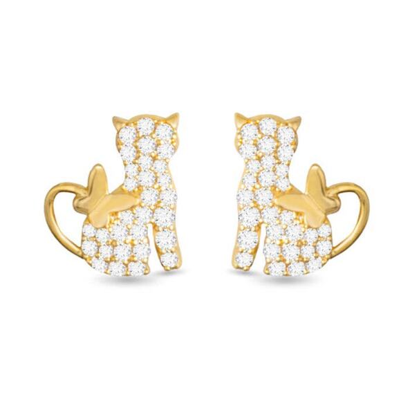 CZ Cat with Butterfly Tail Earrings Gold - Picture 1 of 2